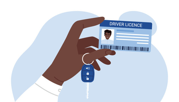 African American hand holding driver license and car keys, representing identification and vehicle access, modern flat style, official document concept, isolated on white background vector