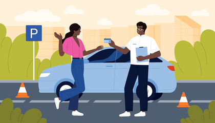 Young African American woman receives driver license from instructor after passing driving test, standing by car in parking lot, celebrating achievement, vector illustration