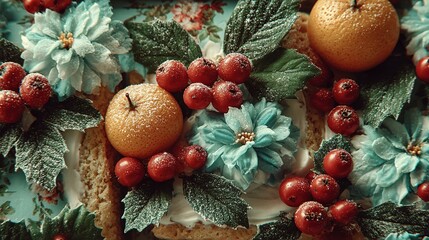 Festive arrangement of oranges red berries and decorative flowers on a surface.