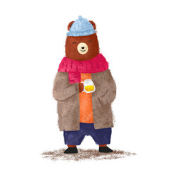 Cute bear wearing Winter fashion style illustration on transparent background