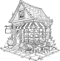 Isometric Cozy Cottage: Traditional Tea House and Outdoor Seating Sketch