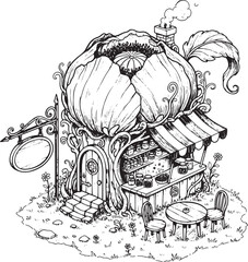 Monochrome Botanical Shop: Poppy House with Awning and Retail Display