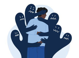 Sad man overwhelmed by dark shadowy figures representing abuse, depression, and fear, expressing emotional struggle and mental health issues, isolated on white background vector illustration