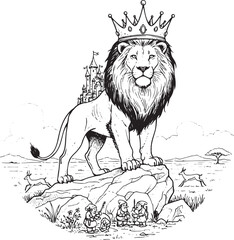 Fantasy King Lion: Majestic Beast with Crown and Castle on Rock