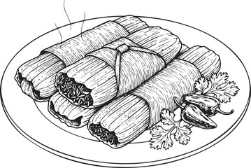Steaming Mexican Tamale Plate with Chili Peppers - Engraving Style