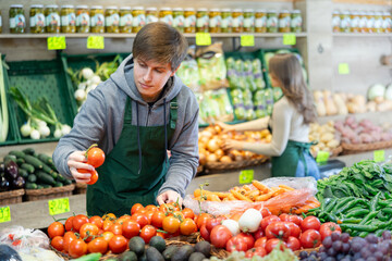 Young salesman in apron lays out tomatoes on counter in vegetable shop..