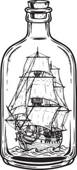 Vintage Maritime Illustration: Detailed Sailing Vessel in Corked Jar