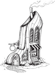 Fantasy Shoe Store Illustration: Whimsical Boot-Shaped Boutique Sketch