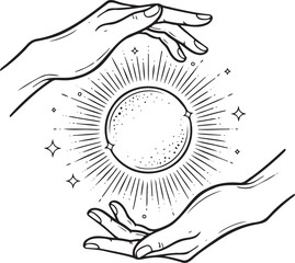 Mystical Hands Holding Glowing Crystal Ball - Magic Engraving Sketch