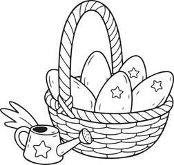 Whimsical Wicker Basket with Star Eggs and Watering Can Sketch