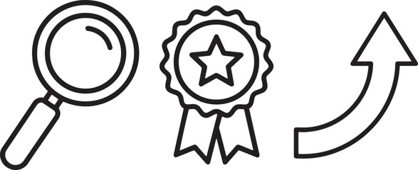 Search, Quality, and Growth Icon Set - Monochrome Line Art Vector