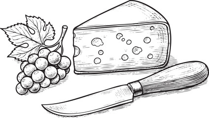 Gourmet Cheese Board with Grapes and Knife - Hand Drawn Engraving