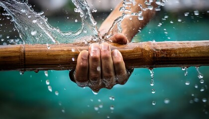 a close up of a hand gripping a wooden pole submerged in water with droplets splashing around conveying motion and energy