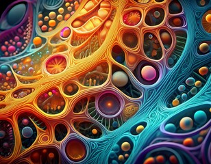 a colorful microscopic view of cellular structures showcasing intricate patterns and textures in a scientific context