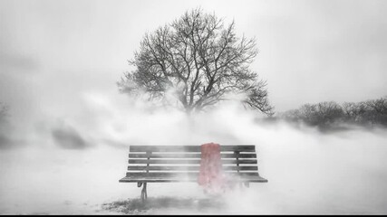 Winter scene with a bench and a bright red blanket on a snowy day in a park with a tree - Powered by Adobe