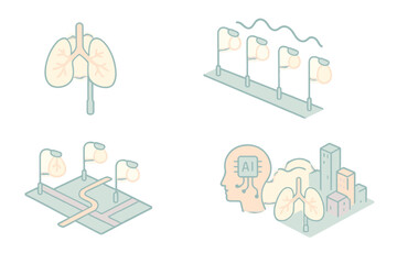 Fototapeta premium Bioadaptive Streetlight System. Isometric vector illustration set Bioadaptive streetlight system: lamps glowing like lungs,