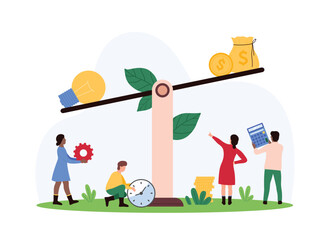 Judgment about value of creative idea, comparison of investment and benefit from project. Tiny people weigh light bulb and money bag of gold coins on balance seesaw cartoon vector illustration