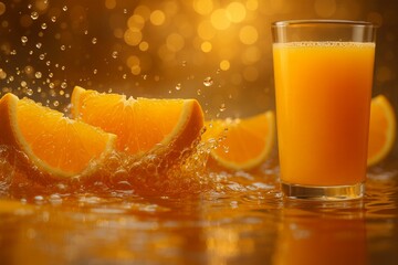 Dynamic Citrus Splash with Fresh Orange Slices and Juice Glass &ndash; Vibrant Summer Refreshment in Golden Light
