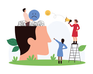Mood change from negative to positive, emotional swing, mental health. Tiny people work with chaos of thoughts and sad emoji inside open human head, offer happy feeling cartoon vector illustration