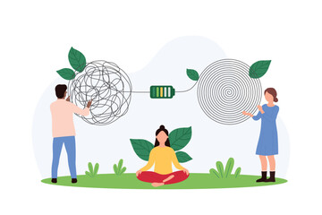 Meditation to clear mind, mental health. Tiny people holding knots of chaos and order of thought with connection through battery, patient sitting in lotus pose to meditate cartoon vector illustration