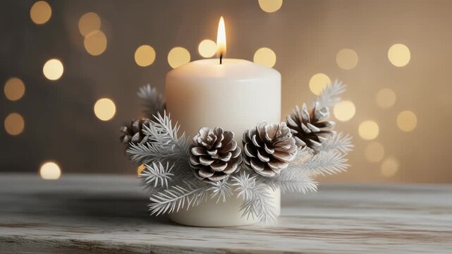 Lit white pillar candle adorned with winter pine cones and snowy evergreen branches sitting on rustic wood against a warm festive bokeh background