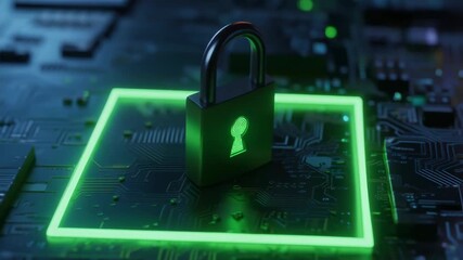 Digital security concept featuring a glowing green padlock resting on a futuristic electronic circuit board symbolizing data protection technology - Powered by Adobe