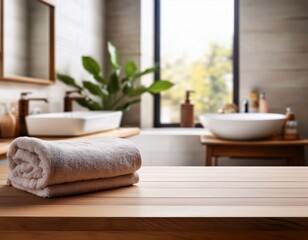 wooden tabletop counter with towel and blurred bathroom