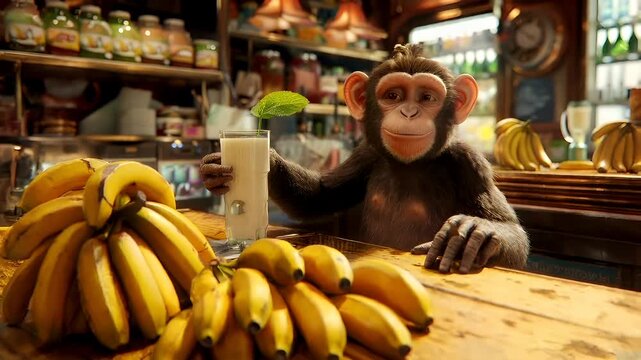 A vivid, animated depiction of a monkey in a bar setting, holding a glass of milkshake. The monkey is depicted in a relaxed pose, with its arms resting on a bar counter.