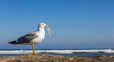 Obraz premium A seagull stands on a rocky shore, holding a piece of plastic waste in its beak, with the ocean and clear blue sky in the background.