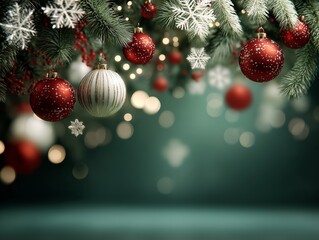 Festive Holiday Decorations Featuring Ornaments and Snowflakes Against a Soft Green Background with Warm Bokeh Lights