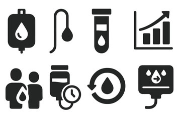 Blood Rejuvenation Icons. Solid style icons of blood-based rejuvenation studies: plasma bag icon, transfusion tube symbol, young