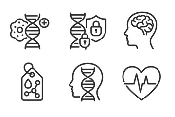 Epigenetic Disease Icons. Line style icons of disease and epigenetics: cancer epigenetic marker, autoimmune gene silencing,