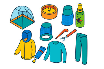 Camping Essentials Icons. Isometric vector illustration set Camping essentials &ndash; mosquito net, citronella candle, insect repellent