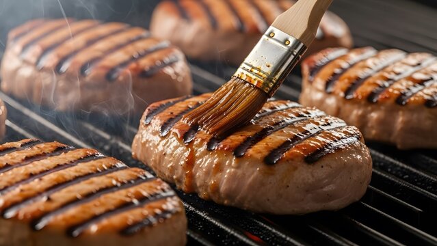 Grilled Beef Steaks Being Brushed with Sauce on Hot Barbecue Grill