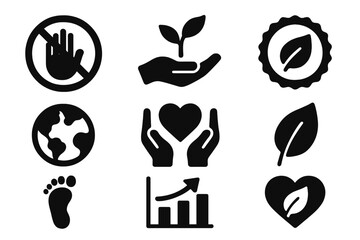 Environmental Icons Set. Solid style icons of environmental preservation rules: no touch glyph, respect icon, clean badge. Low
