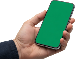 Close-up of person holding a modern smartphone with a blank green display, perfect for adding custom content.