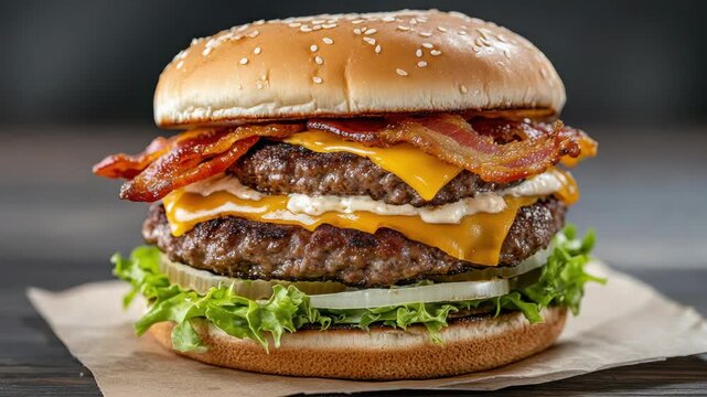 Juicy double cheeseburger with bacon, cheese, beef patty, lettuce and pickle sesame bun close up