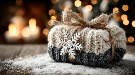 Wrapped gift with snowflake decoration on snowy surface with blurred background lights.
