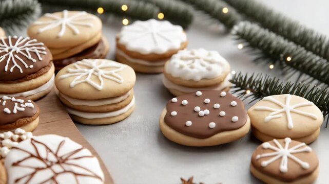 Festive iced cookies stack with icing snowflake patterns holiday cookie assortment stacked with