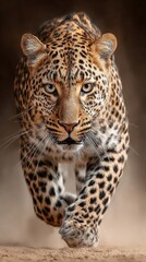 Obraz premium A powerful leopard strides forward with intense focus, its spotted coat and piercing gaze captured in sharp detail against a soft, earthy background.
