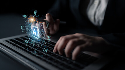 Concept of an enterprise Artificial Intelligence solution. A central processor powers machine learning for business automation, innovation, and intelligent data analysis. Fermion