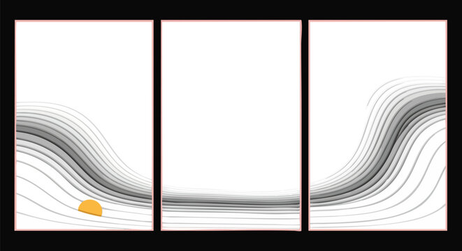 Abstract triptych artwork featuring flowing grey lines and a subtle orange semicircle suggesting a sunrise or sunset.