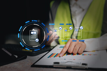 Document compliance concept, worker pointing checklist icons with digital report files, operational verification workflow, accuracy assurance, governance process, documentation clarity.