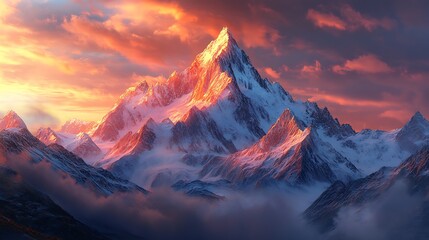 Majestic snowcapped mountain peak at fiery sunset with dramatic clouds