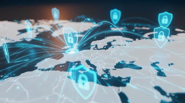 Digital map of Europe showing global cybersecurity protecting interconnected data networks with glowing padlock shield icons