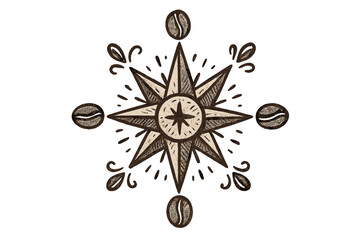 Coffee Bean Compass. Sweet doodle compass rose replaced with a coffee motif, beans forming cardinal points, No text, No labels,