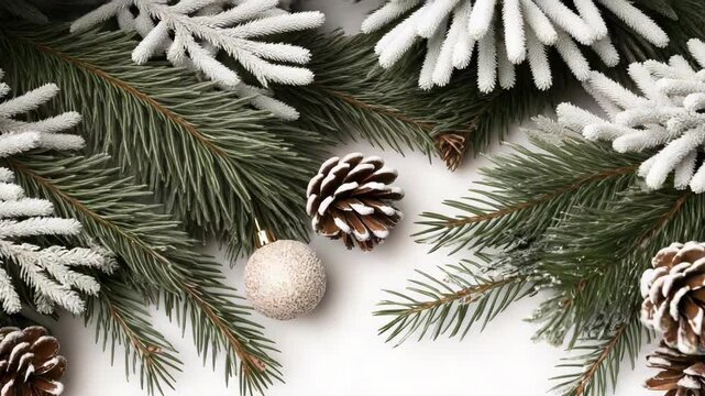 Frosted pine branch pinecone ornament winter holiday scene snow covered pine branches framing
