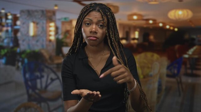 Woman pressing hands together with palms visible and braided hair in a hotel building; pleading apology request.