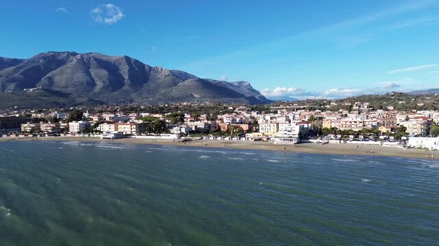 Aerial view of Scauri beach in winter empty of umbrellas on a windy coastal day 3