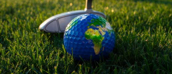 Golf Club About to Hit Globe-Painted Ball on Grass: Wide Banner 